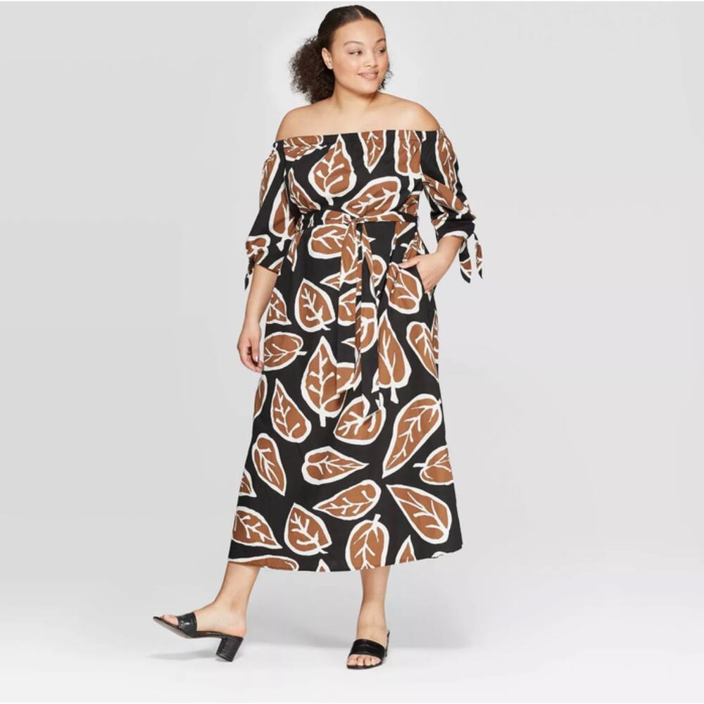 Who What Wear 100% Cotton Leaf Print Black/Brown/Cream Midi Dress WMNS 1X Belted